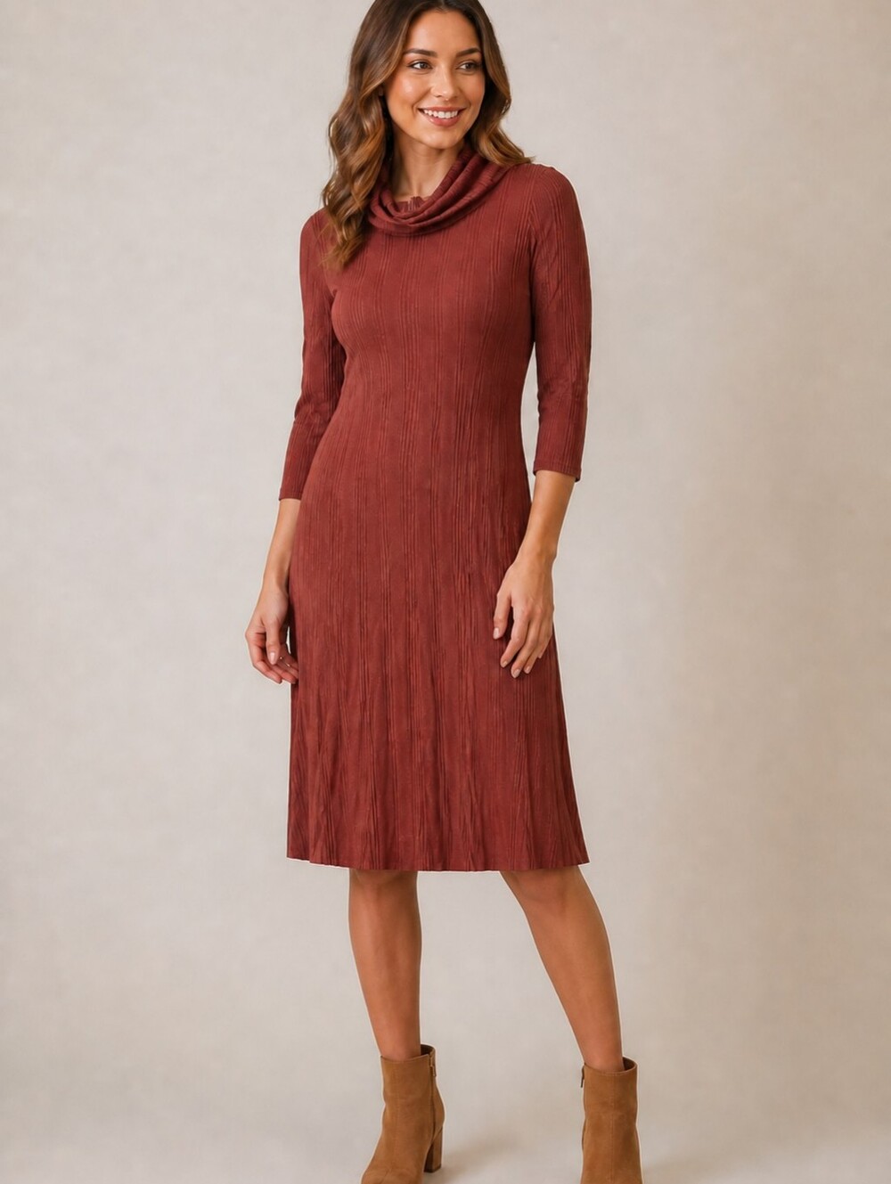 Women's Ribbed Cowl Neck Dress in Terracotta-Size Medium